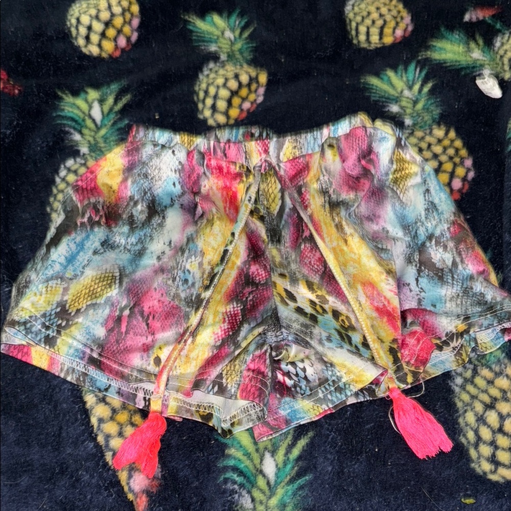 Pink and Yellow Tropical Print Shorts with Tassels